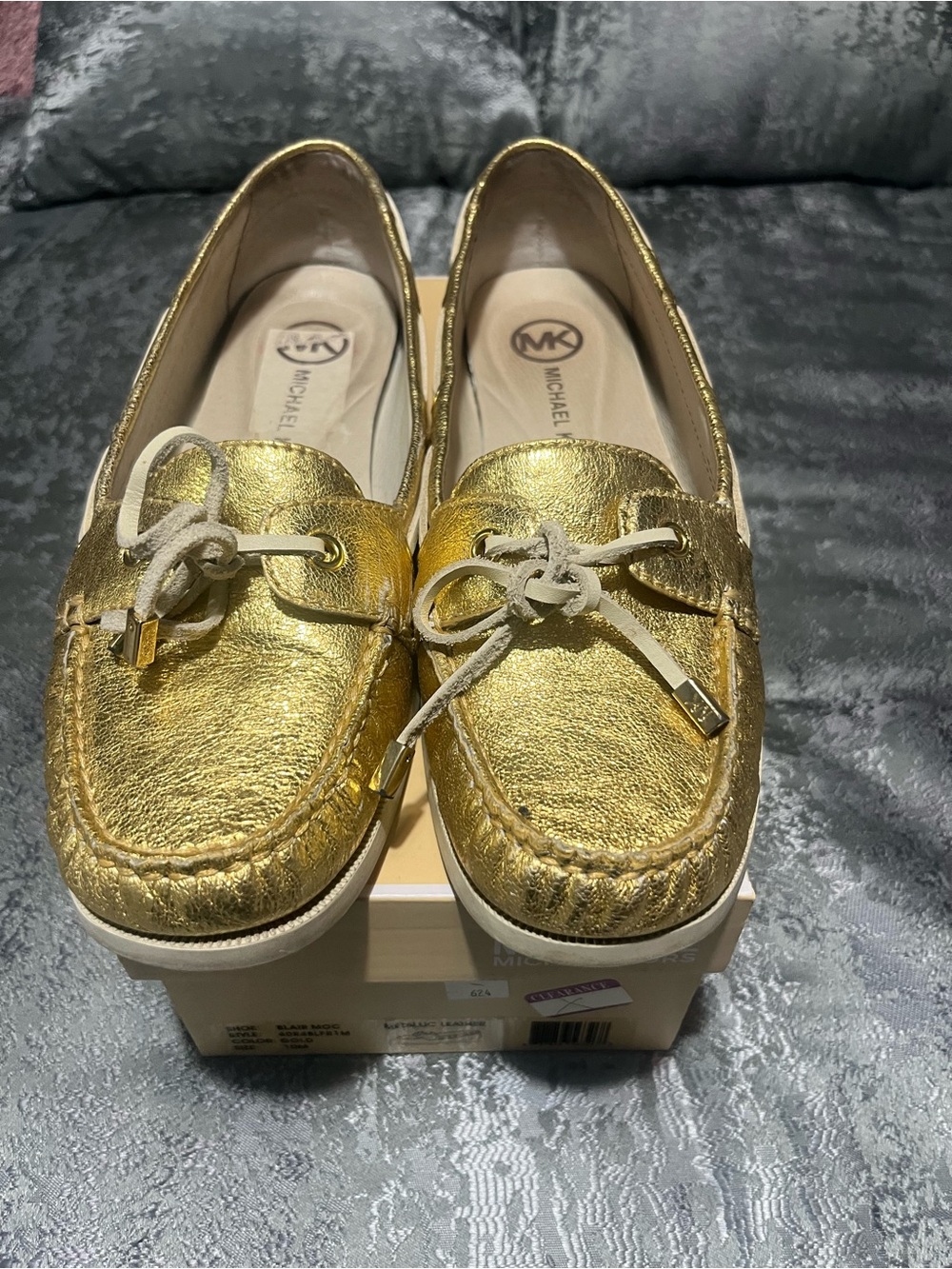 Michael Kors Gold Metallic Leather Moccasin Loafers with Tie Detail